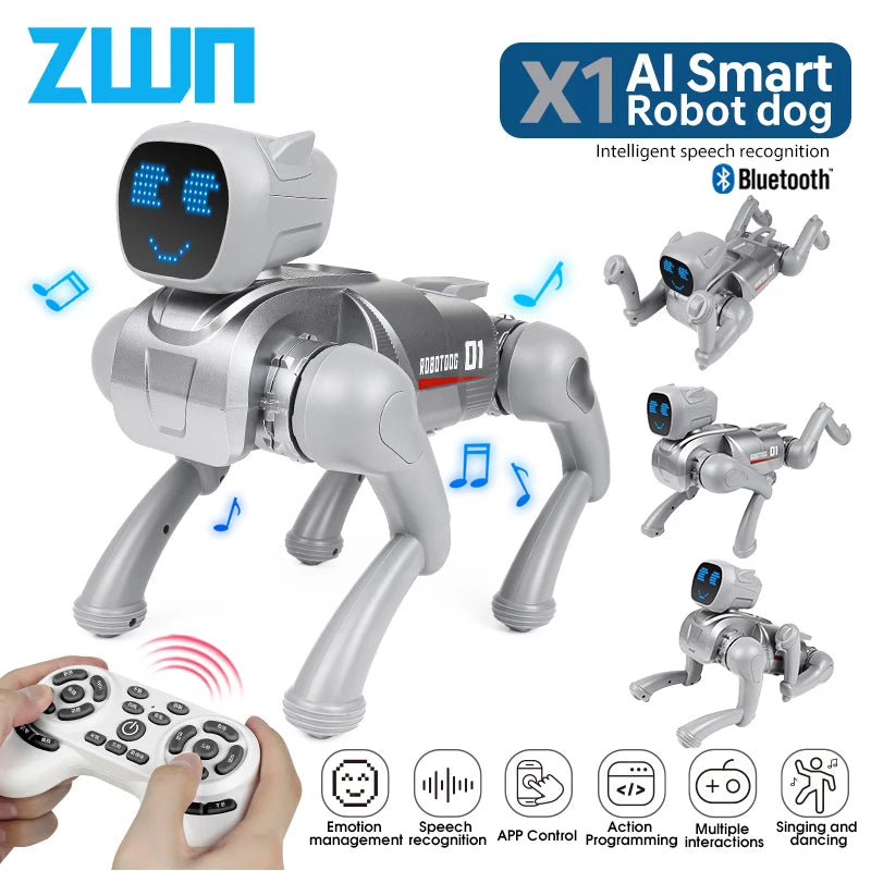 ZWN X1 AI Smart Robot Dog, zilverkleurig met blauwe LED-gezicht, speelt muziek en danst. Geschikt voor kinderen, met Bluetooth en app-controle voor in