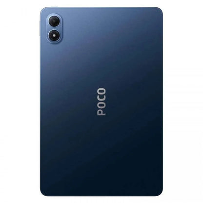 De POCO Pad M1 in donkerblauw met dubbele camera, scherm met abstracte gele en grijze grafiek, geschikt voor gaming en multimedia. Perfect voor gamers