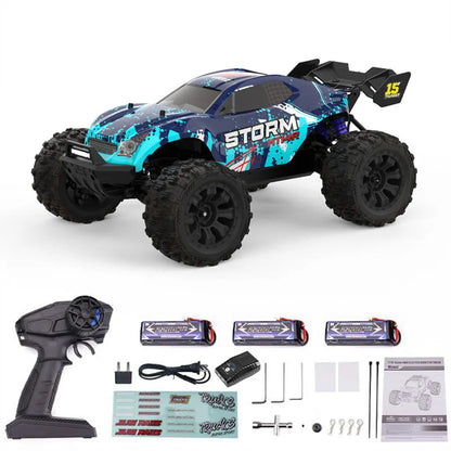 Blauwe JIUSI MT14R 1/14 RC-raceauto met zwarte banden en “STORM”- en “THUNDER”-afbeeldingen, geschikt voor speelgoedraces en kinderen. Perfect voor bi