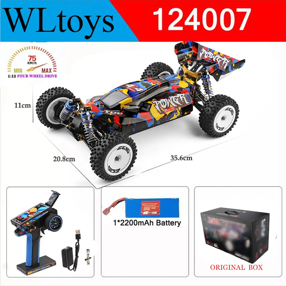 WLtoys Zealot 1:12 4WD RC-raceauto met blauw-wit camouflage, zichtbare schokdempers en rubberen banden, geschikt voor indoor en outdoor racen op zacht