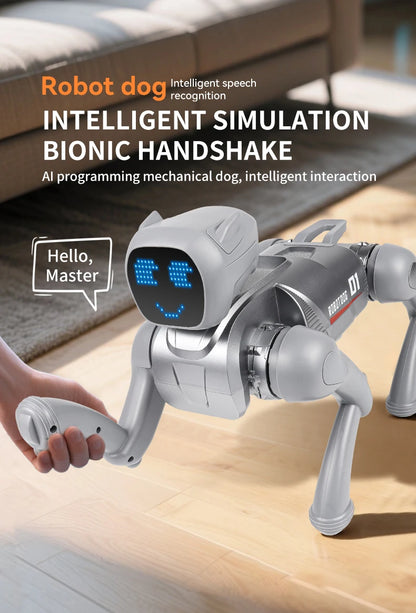 ZWN X1 AI Smart Robot Dog, zilverkleurig met blauwe LED-gezicht, speelt muziek en danst. Geschikt voor kinderen en hobbyisten die hun robot hond progr