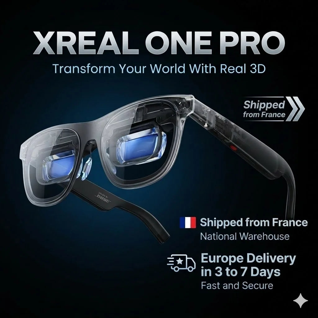 Zwart XREAL One Pro AR-bril met glanzende lenzen en zichtbare merknaam, uitgerust voor virtuele realiteit en mobiele gaming. Geschikt voor immersive e