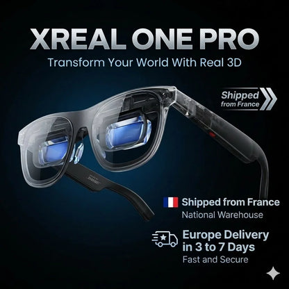 Zwart XREAL One Pro AR-bril met glanzende lenzen en zichtbare merknaam, uitgerust voor virtuele realiteit en mobiele gaming. Geschikt voor immersive e