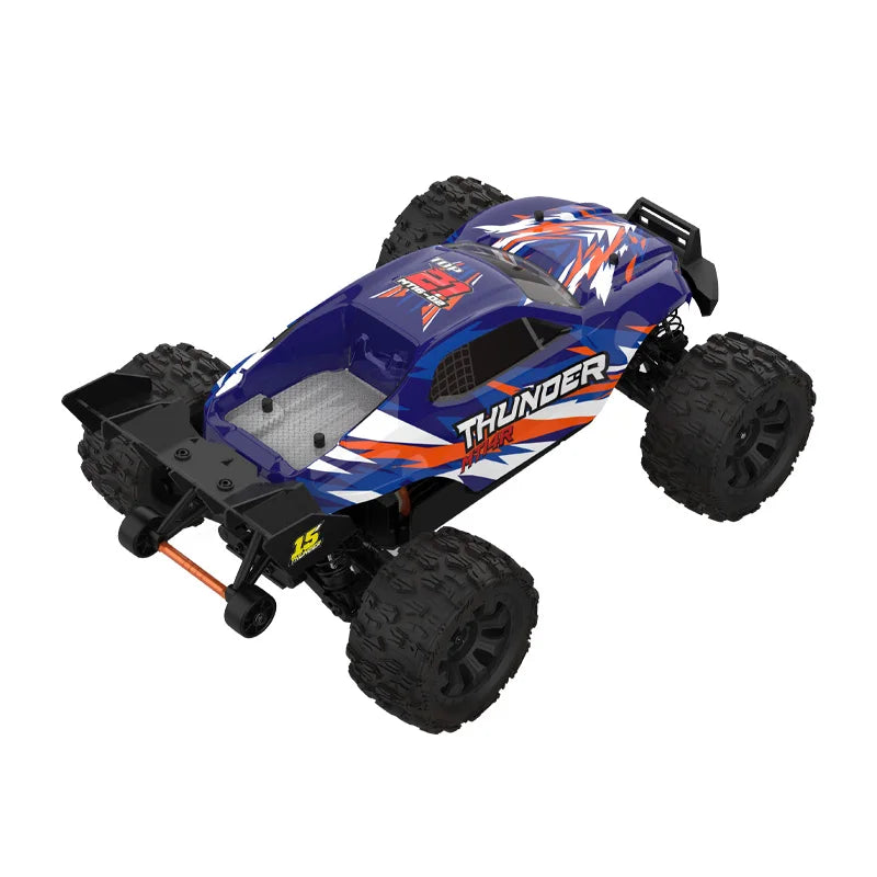 Blauwe JIUSI MT14R 1/14 RC-raceauto met zwarte banden en “STORM”- en “THUNDER”-afbeeldingen, geschikt voor speelgoedraces en kinderen. Perfect voor bi