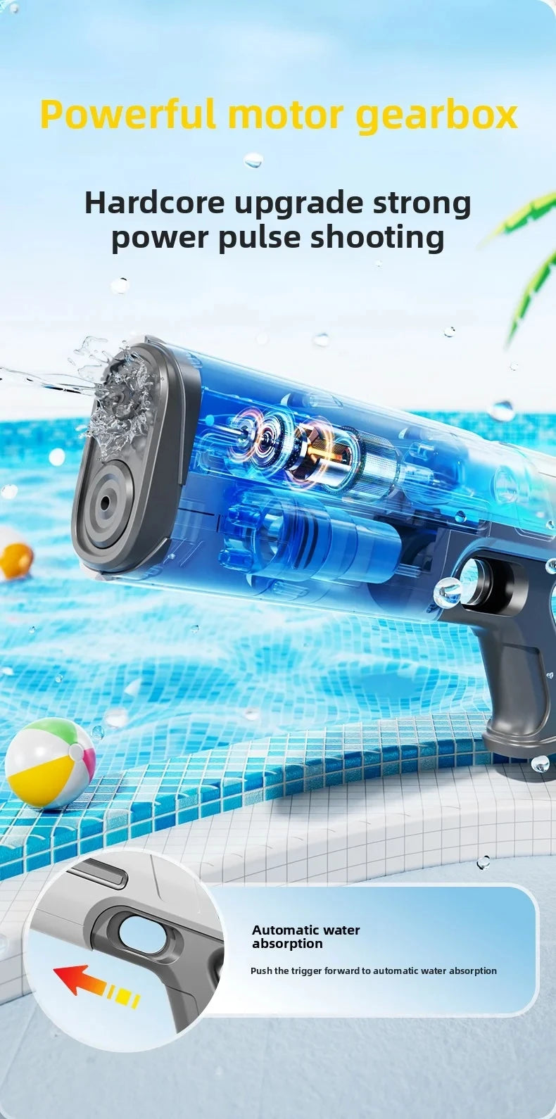 Een witte elektrische waterpistool met blauwe LED-verlichting, vastgehouden door een jonge vrouw in denim. Geschikt voor speelplezier en waterfeesten,
