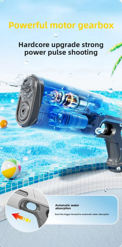 Een witte elektrische waterpistool met blauwe LED-verlichting, vastgehouden door een jonge vrouw in denim. Geschikt voor speelplezier en waterfeesten,