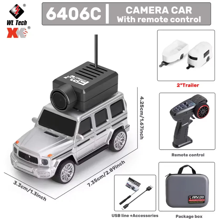 Lichtblauwe RC-4x4 terreinwagen met zwarte dakantenne en blauwe onderzijdeverlichting, uitgerust met drie snelheidsstanden voor speelplein of binnenhu