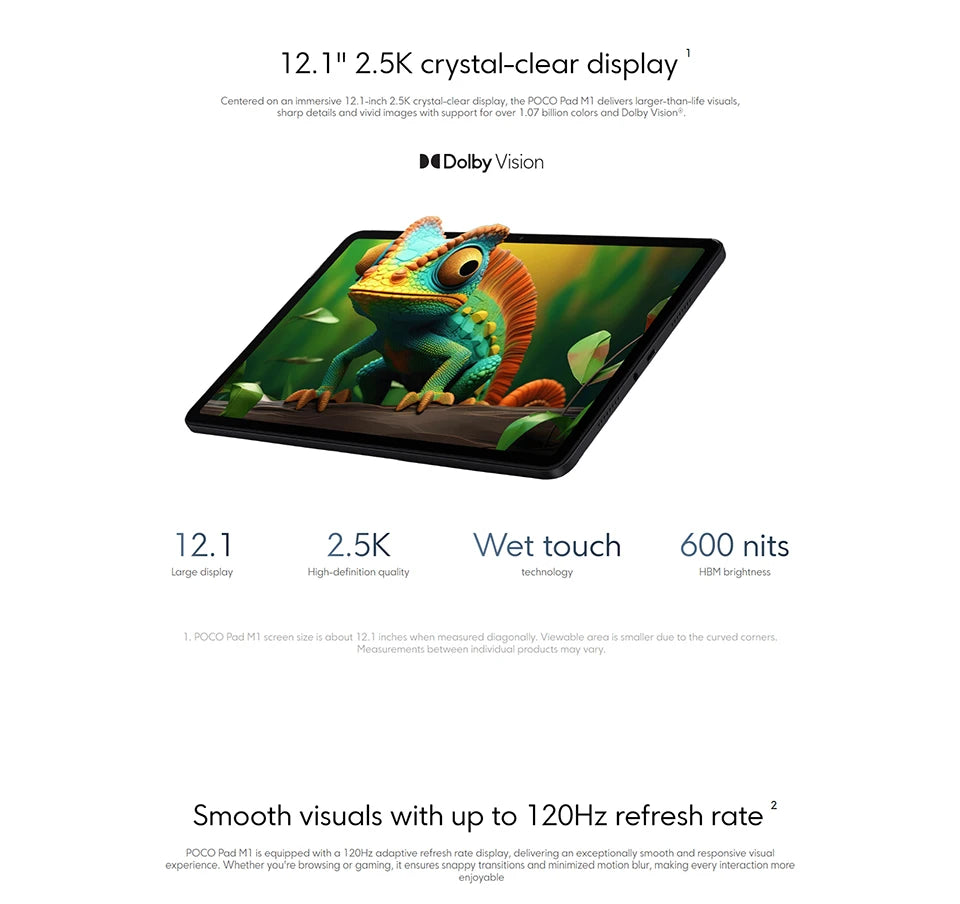 De POCO Pad M1 in donkerblauw met dubbele camera, scherm met abstracte gele en grijze grafiek, geschikt voor gaming en multimedia. Perfect voor gamers
