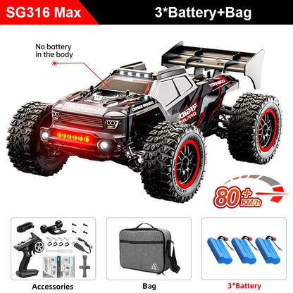 Zwart Rigid off-road RC-raceauto met rode velgen en LED-verlichting, uitgerust met 3 blauwe batterijen, stuurcontroller en opbergzak voor terreinrijde