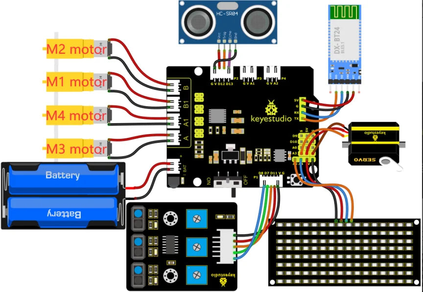 Een Keyestudio robotkit met zwarte chassis, gele wielen en diverse elektronische componenten, inclusief sensoren en een microcontroller, voor educatie