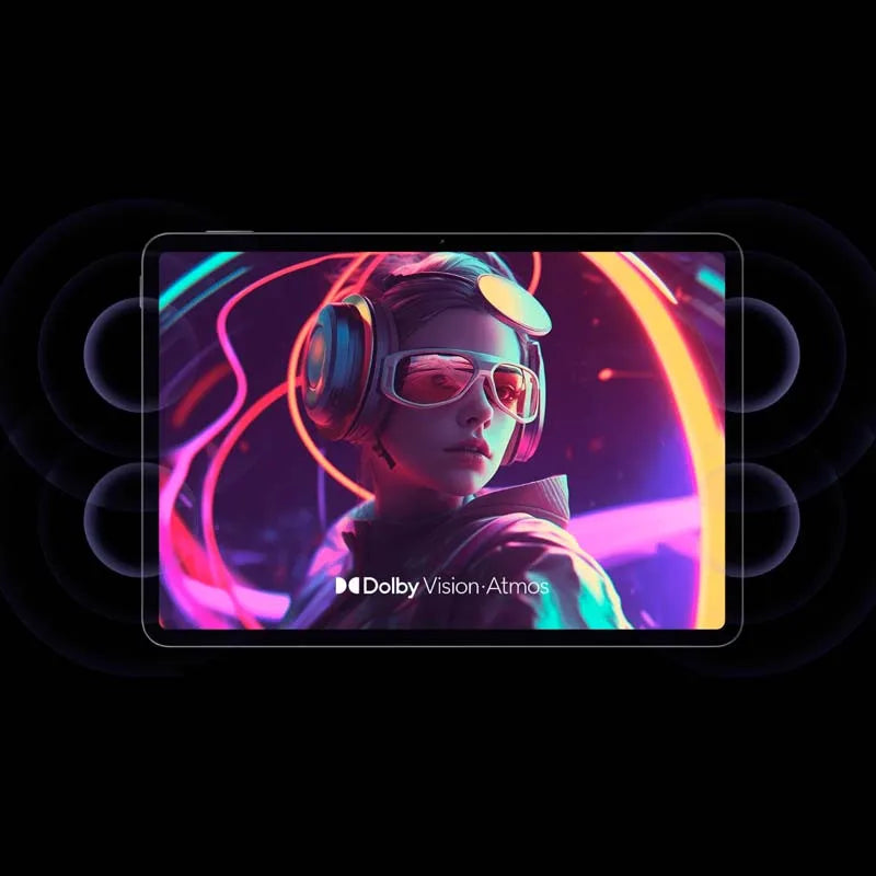 De Xiaomi Pad 7 Wifi in grijze kleur met een helder scherm dat een kleurrijke abstracte achtergrond toont, uitgerust met een driekamer camera en gesch