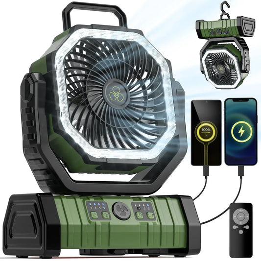 Groene draagbare ventilator met LED-verlichting en oplaadfunctie, uitgerust met afstandsbediening en USB-poorten voor mobiele apparaten, ideaal voor k