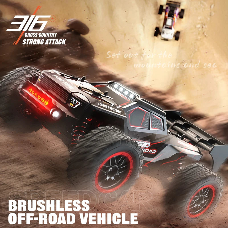 Zwart Rigid off-road RC-raceauto met rode velgen en LED-verlichting, uitgerust met 3 blauwe batterijen, stuurcontroller en opbergzak voor terreinrijde