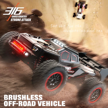 Zwart Rigid off-road RC-raceauto met rode velgen en LED-verlichting, uitgerust met 3 blauwe batterijen, stuurcontroller en opbergzak voor terreinrijde