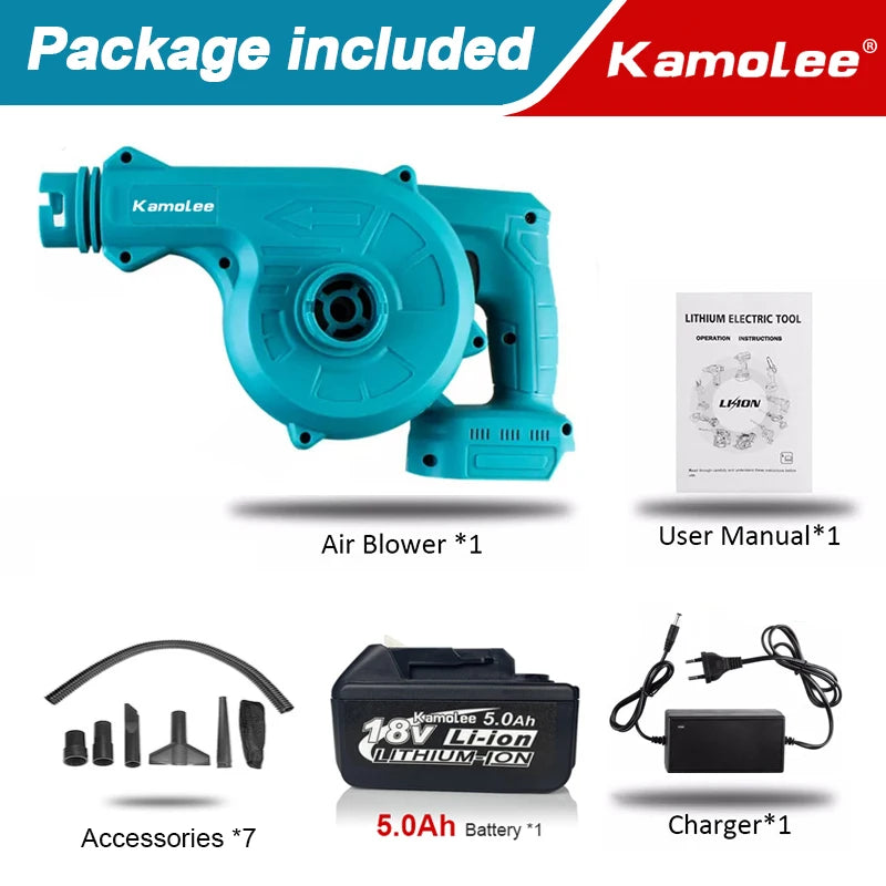 Kamolee draadloze blower in helderblauw met zwart uitblaasstuk, voorzien van 18V lithium-ion batterijen. Ideaal voor tuin- en bouwprojecten, met extra