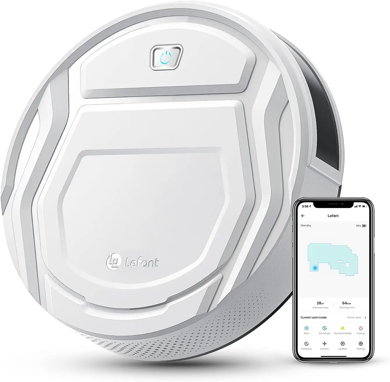 Zwart Lefant M210 Pro+ robotstofzuiger met glanzend oppervlak en blauwe power-indicator, geoptimaliseerd voor slimme huishoudelijke reiniging via app 