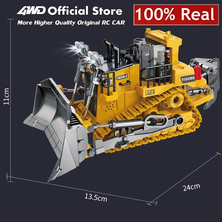 Grote, realistische RC-graafmachine in zwart en geel, met beweegbare schep en zichtbare tracks, bestuurd via een gele controller. Ideaal voor kinderen