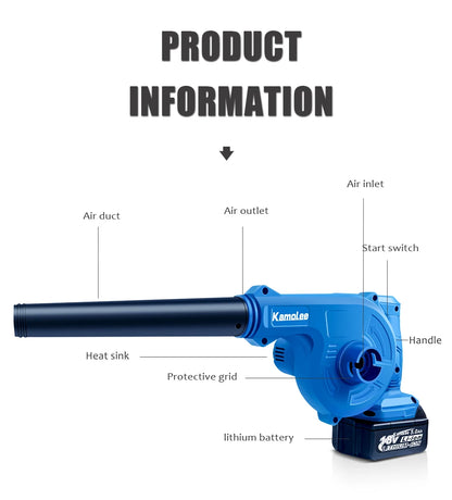 De Kamolee draadloze blower in helderblauw met zwart uitblaasstuk, voorzien van een 18V lithium-ion accu, geschikt voor tuin- en bouwtoepassingen. Inc