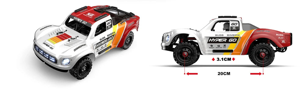Rood-wit RC terreinwagen met blauwe LED-lichten en zwarte banden, uitgerust met 3S en 2S batterijen voor speelplein of racetrack. Perfect voor kindere