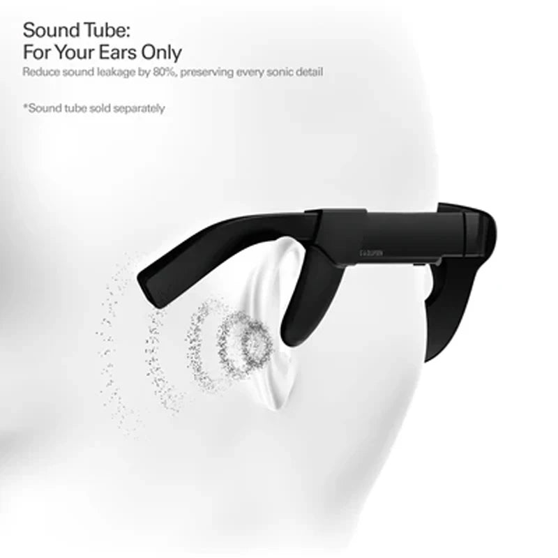 Zwart RayNeo Air 4 smartbril met donkere glazen en USB-C kabel, ideaal voor sportieve gebruikers. Geleverd met een USB-C adapter als cadeau voor sport