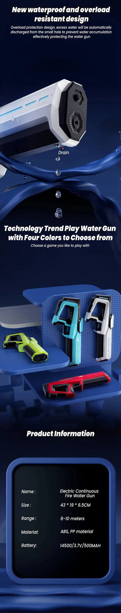 Een witte elektrische waterpistool met blauwe LED-verlichting, vastgehouden door een jonge vrouw in jeans. Geschikt voor speelplekken en zomerfeesten,