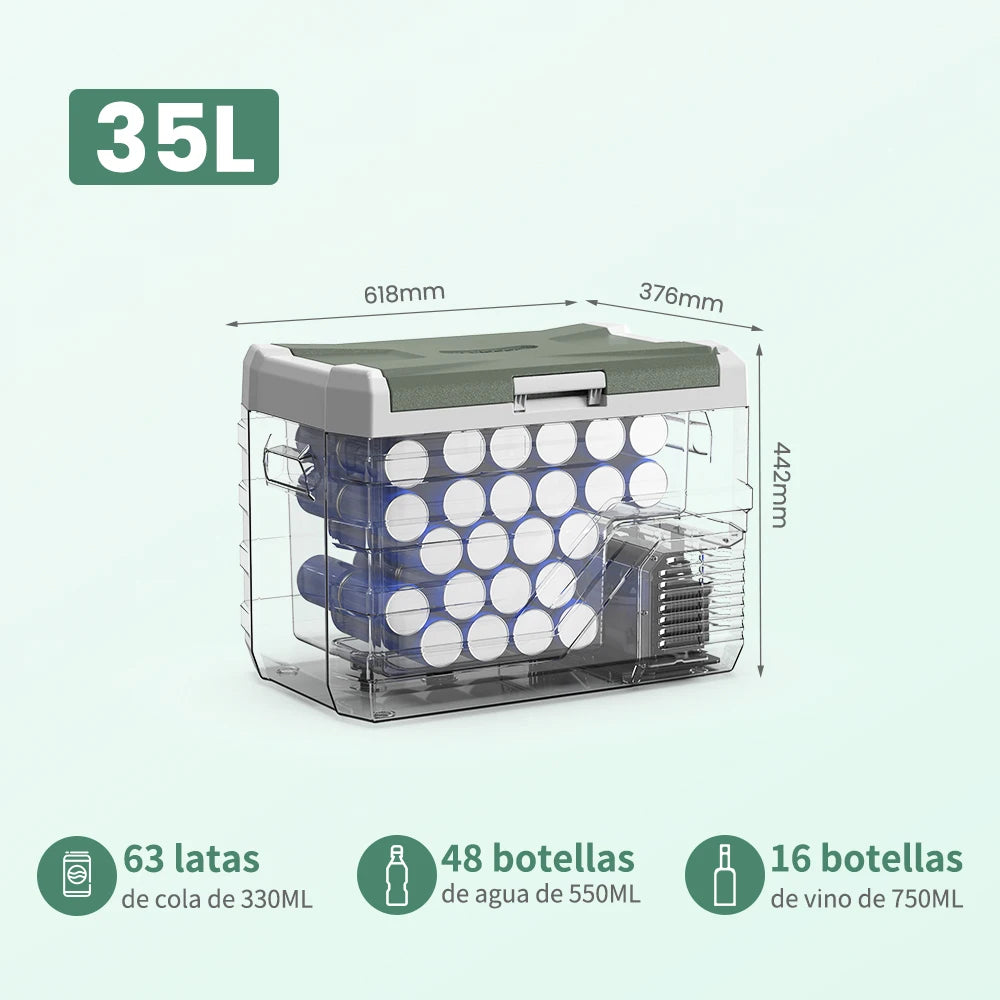 Grijze Alpicool koelbox met 25L capaciteit, gevuld met frisse bierblikken en fruit, ideaal voor barbecue’s en kamperen. Robuust ontwerp met handgrepen