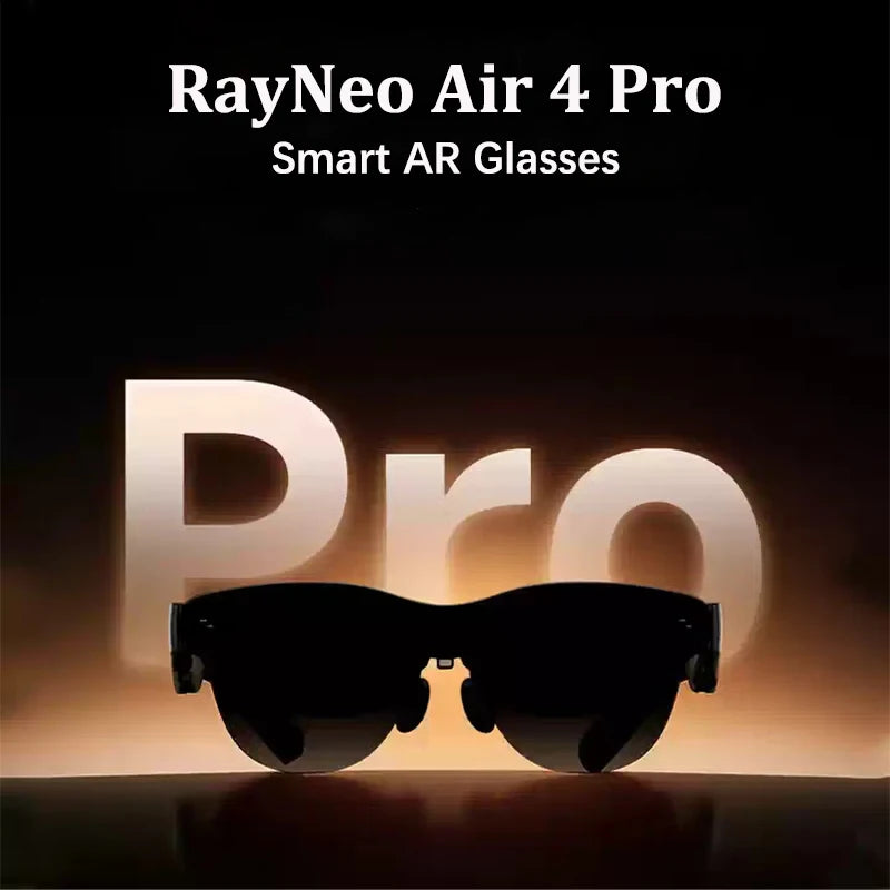 Zwart RayNeo Air 4 smartbril met donkere glazen en USB-C kabel, ideaal voor sportieve gebruikers. Geleverd met een USB-C adapter als cadeau voor sport
