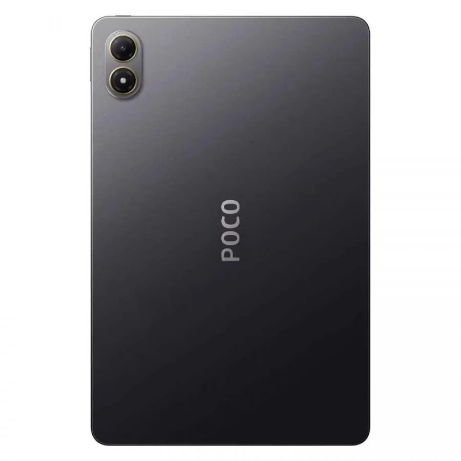 De POCO Pad M1 in donkerblauw met dubbele camera, scherm met abstracte gele en grijze grafiek. Ideaal voor gaming en multimedia-gebruik. - Foto 21
