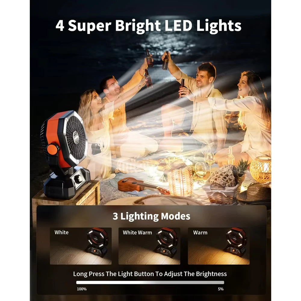 Zwarte en oranje outdoor camping fan met 4 LED-verlichting en draaibare kop, uitgerust met slimme afstandsbediening voor gebruik op kampeerplaatsen of