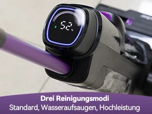De Redkey W15 stofzuiger in zwart en paars, met duidelijk zichtbare waterreservoirs en digitale display, geschikt voor efficiënte huishoudelijke reini
