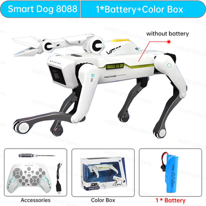 De witte 2.4G RC Smart Dog met groene accenten en zwarte poten, uitgerust met Bluetooth en een afstandsbediening, is een slimme speelgoedhond voor kin