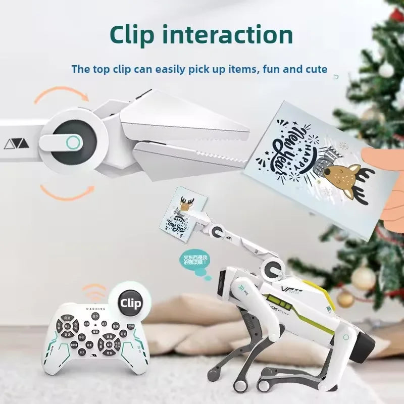 De witte 2.4G RC Smart Dog met groene accenten en zwarte poten, uitgerust met Bluetooth en een afstandsbediening, is een slimme speelgoedhond voor kin