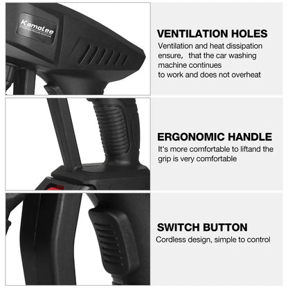 De Kamolee high pressure car wash gun met 388V Li-ion accu, zwart met rode accenten, staat naast haar opbergkoffer. Zichtbaar zijn de slang, doppen en