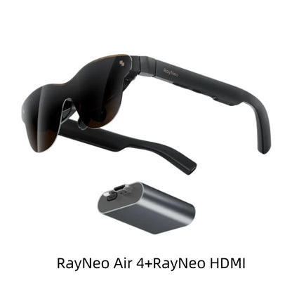 Zwart RayNeo Air 4 smartbril met donkere glazen en USB-C kabel, ideaal voor sportieve gebruikers. Geleverd met een USB-C adapter als cadeau voor sport
