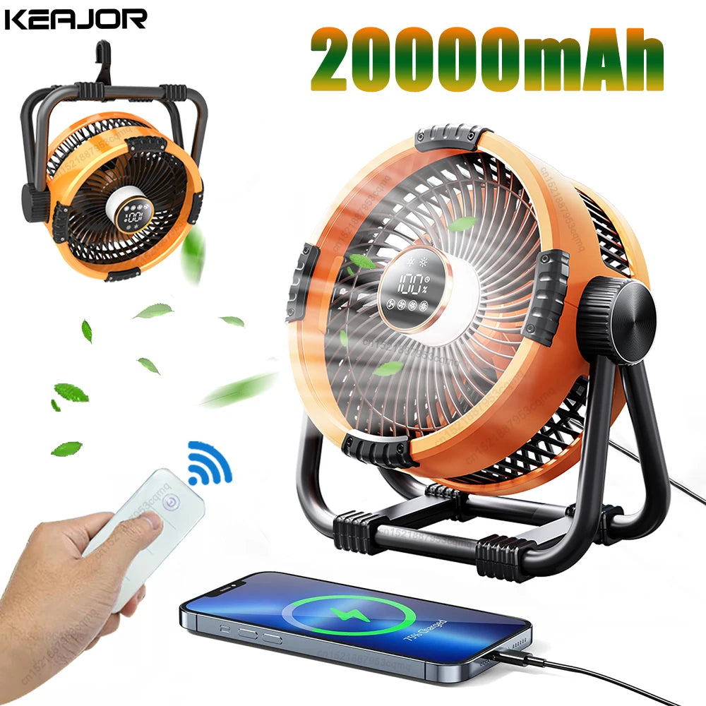 Oranje Kinscoter 6-in-1 kampeerventilator met 20.000 mAh batterij, digitale display en afstandsbediening, geschikt voor kamperen en reizen. - Foto 15