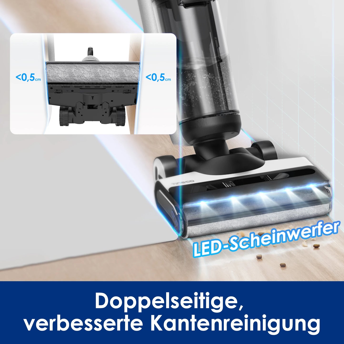 De Tineco stofzuiger met glanzend zwart en zilveren accenten, voorzien van een helder verlichte vloerborstel en een transparante stofzak, is speciaal 