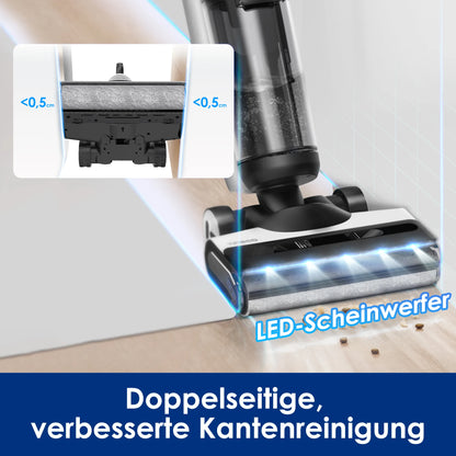 De Tineco stofzuiger met glanzend zwart en zilveren accenten, voorzien van een helder verlichte vloerborstel en een transparante stofzak, is speciaal 