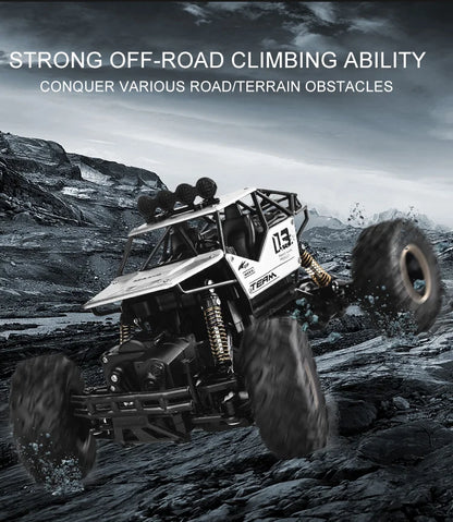 ZWN Rock climber, een zwarte 4WD RC-afstandsbediening met goudkleurige velgen en zichtbare schokdempers, geschikt voor off-road avonturen en steile he
