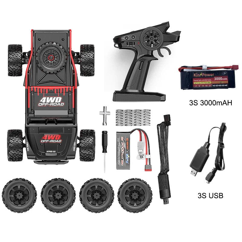 Een rood-zwart 4WD off-road RC-raceauto met grote knipperende LED-verlichting en zwarte rubberen banden, uitgerust met een zwarte draadloze stuurunit 