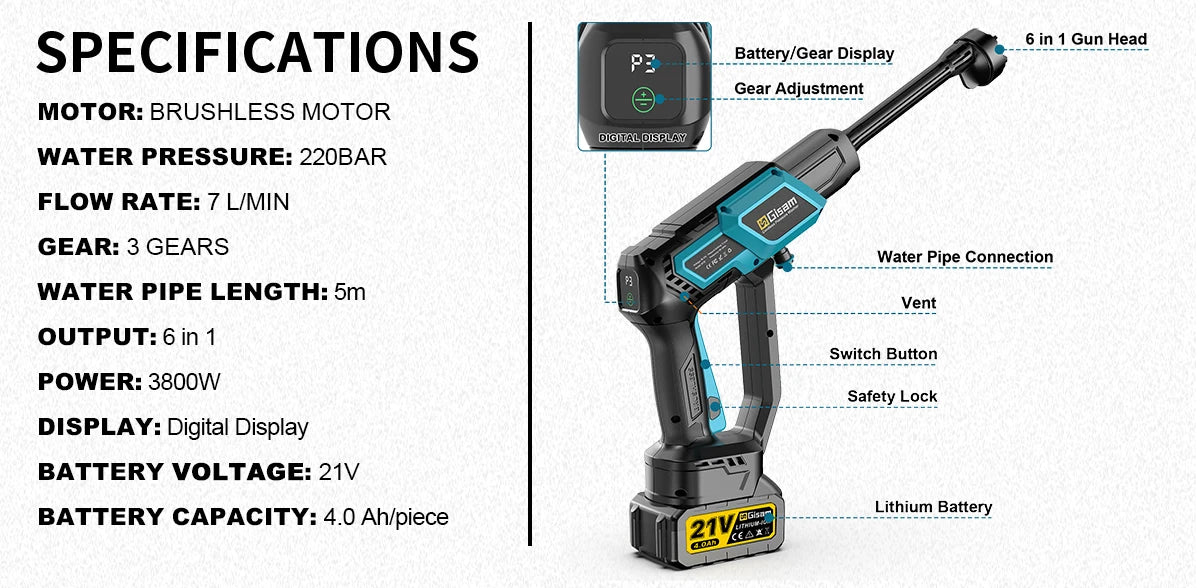 De Gisam draadloze pressure washer met blauwe en zwarte handgreep en digitale display wast een auto met 220 bar waterdruk. Inclusief accessoires voor 