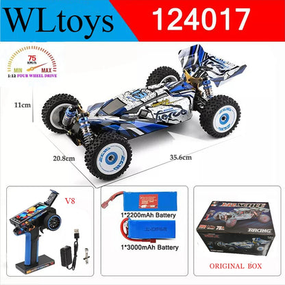 WLtoys Zealot 1:12 4WD RC-raceauto met blauw-wit camouflage, zichtbare schokdempers en rubberen banden, geschikt voor speelplein of binnenhuisrace. - 