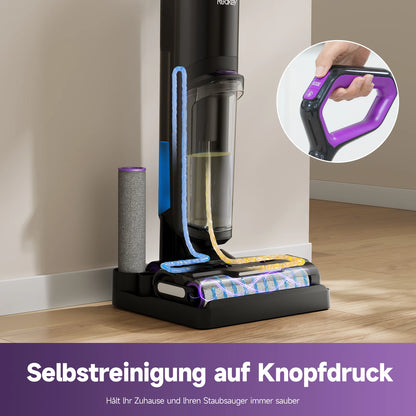 De Redkey W15 stofzuiger in zwart en paars, met zichtbare waterreservoirs en digitale display, geschikt voor efficiënte vloer- en tapijtverzorging in 