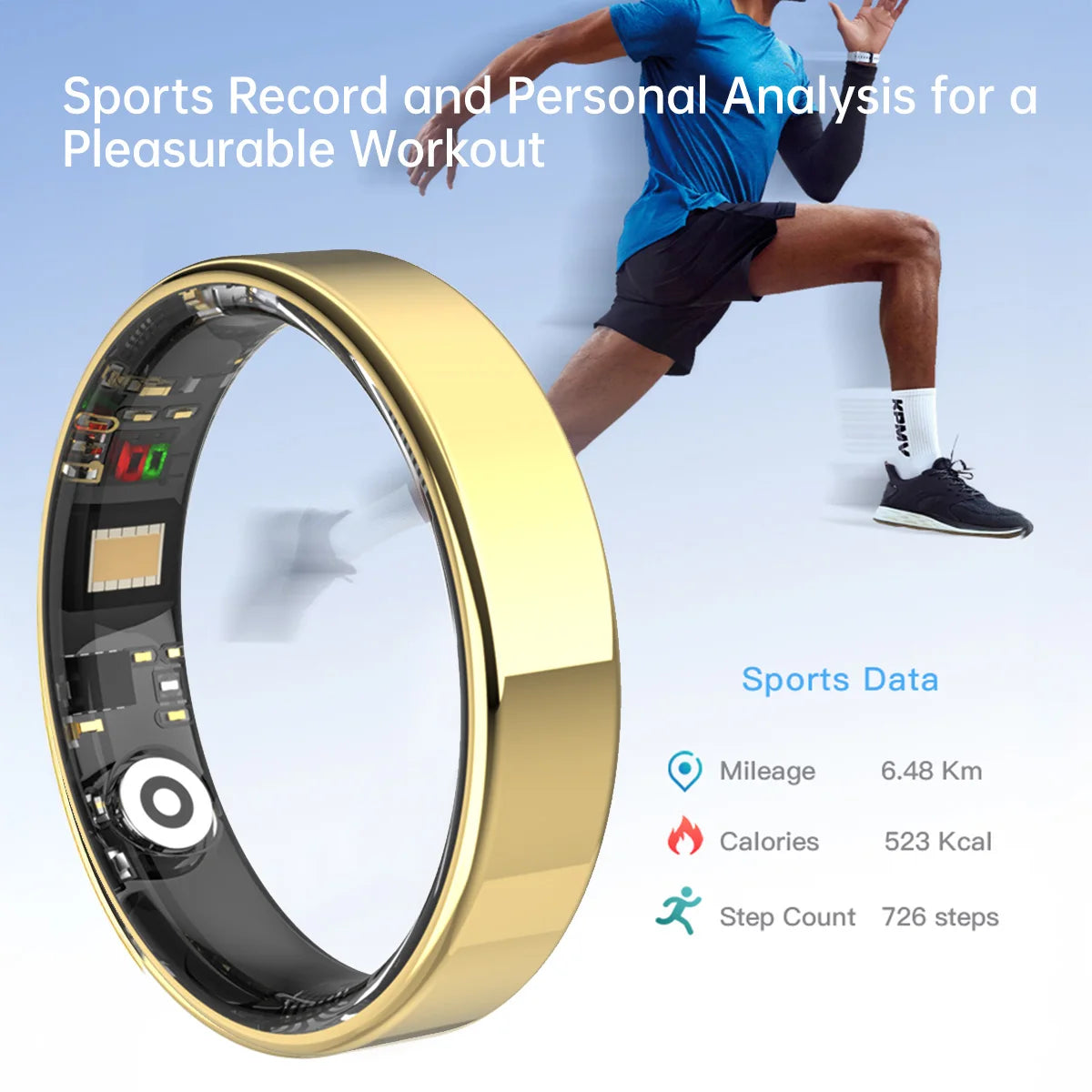 Een slimme ring in zilver, zwart en goud, met zichtbare elektronica en sensoren, geschikt voor sportieve activiteiten en als slimme accessoire voor dagelijks gebruik. IP68 waterdicht en met afstandsbediening voor camera. - Foto 5