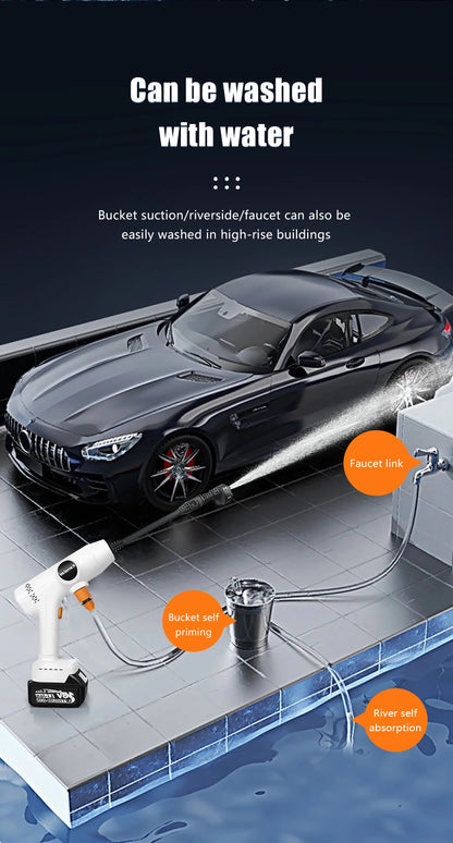 De Kamolee high pressure car wash gun met 388V Li-ion accu, zwart met rode accenten, staat naast haar opbergkoffer voorzien van slang en accessoires, 