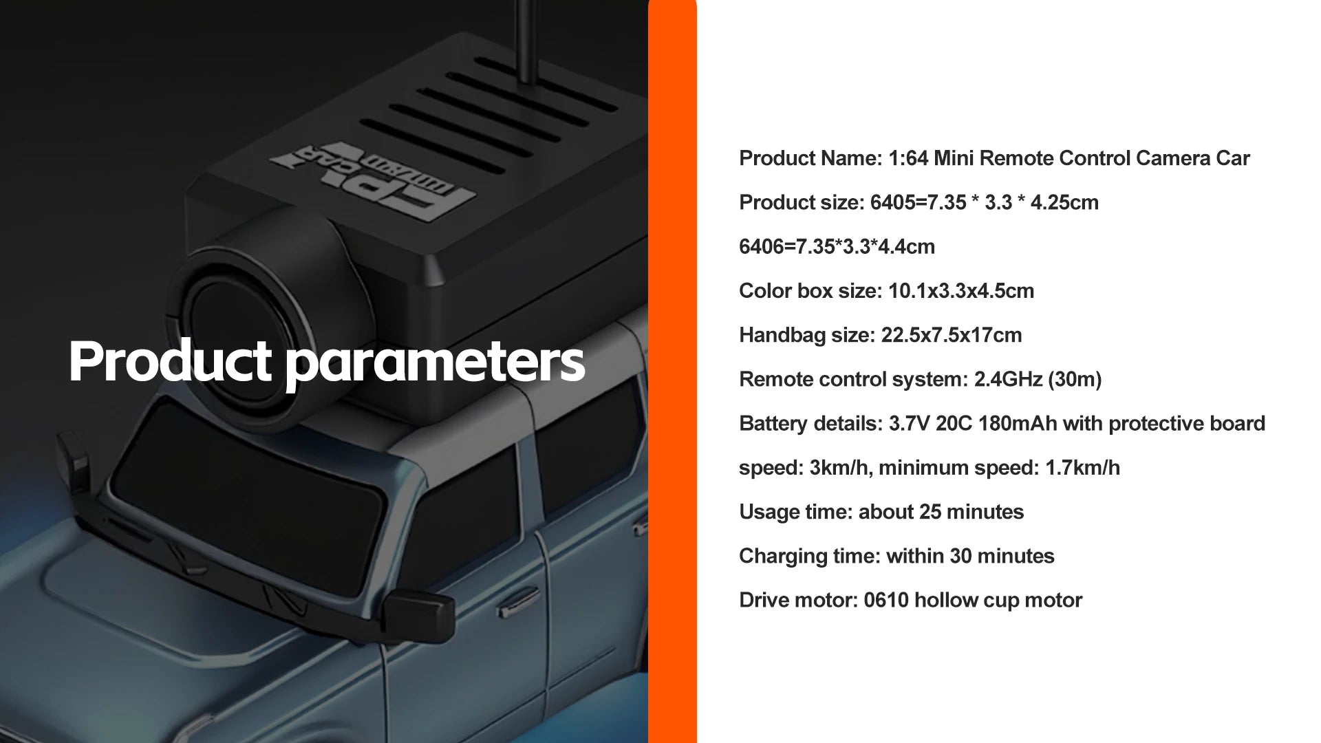 Mini camera in 1:64 schaal, geïntegreerd in vier kleurrijke SUV-modellen met zichtbare antenne en USB-kabel. Ideaal voor kinderen die hobbymodelauto’s