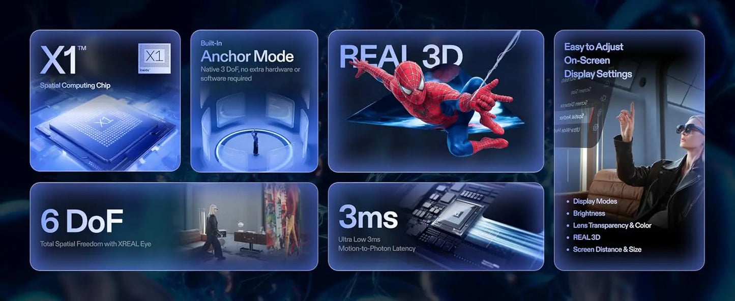 De XREAL 1S AR-bril in donkerblauw met zwart frame, geleverd met oplader, opbergdoos en handleiding, geschikt voor mobiele virtuele realiteit en gamin