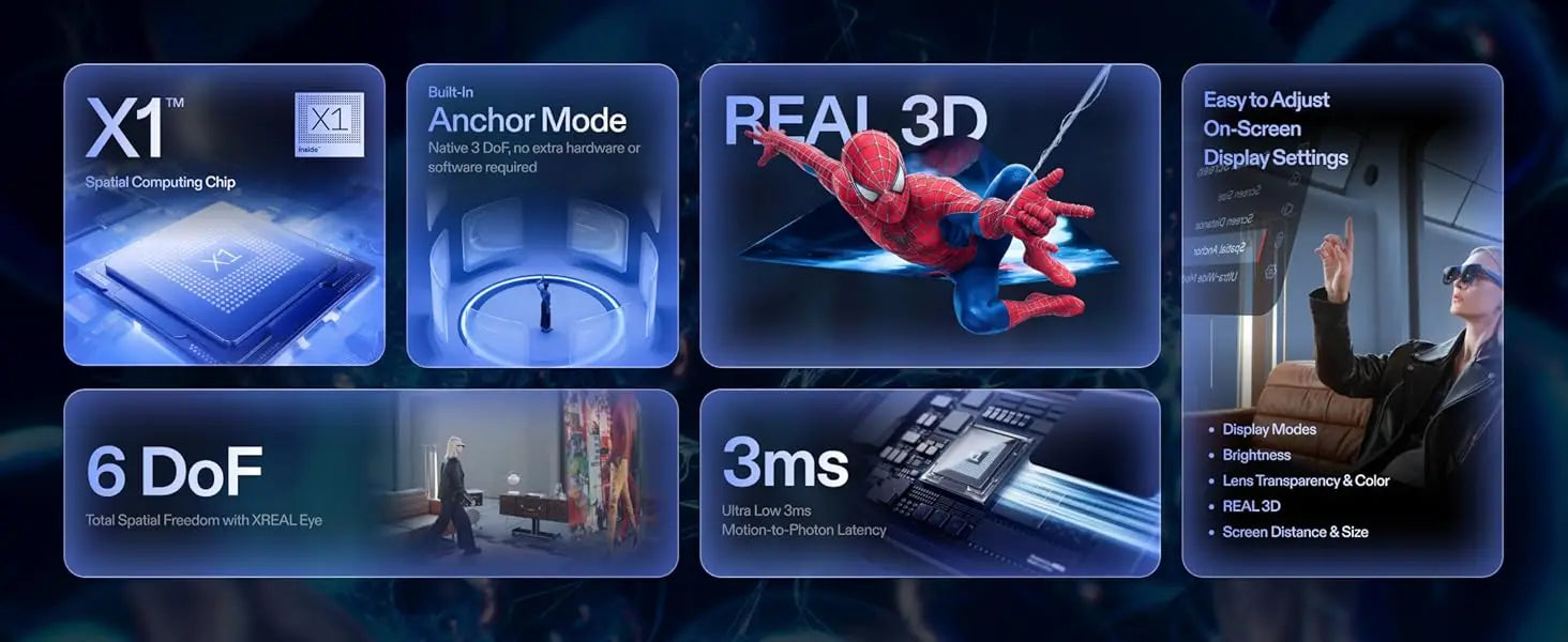De XREAL 1S AR-bril in donkerblauw met zwart frame, geleverd met oplader, opbergdoos en handleiding, geschikt voor mobiele virtuele realiteit en gamin