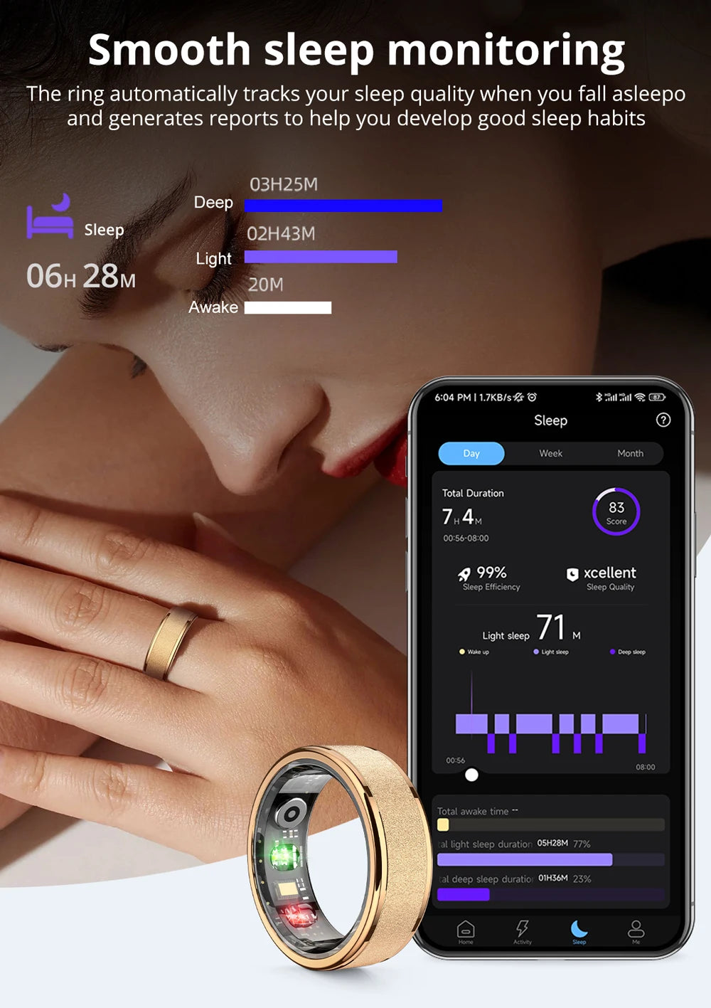 Gouden en zwarte slimme ring met zichtbare sensorcomponenten, geplaatst in een zwart opladingshuisje. Perfect voor technologie-geïnteresseerde gebruikers die een stijlvolle smartwatch willen dragen. - Foto 19