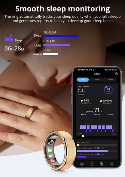 Gouden en zwarte slimme ring met zichtbare sensorcomponenten, geplaatst in een zwart opladingshuisje. Perfect voor technologie-geïnteresseerde gebruikers die een stijlvolle smartwatch willen dragen. - Foto 19