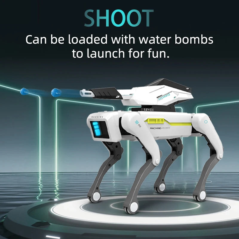 De witte 2.4G RC Smart Dog met groene accenten en zwarte poten, uitgerust met Bluetooth en een afstandsbediening, is een slimme speelgoedhond voor kin